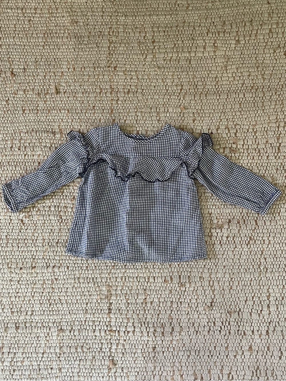 Zara Black and White Gingham Ruffle Long-Sleeve Top